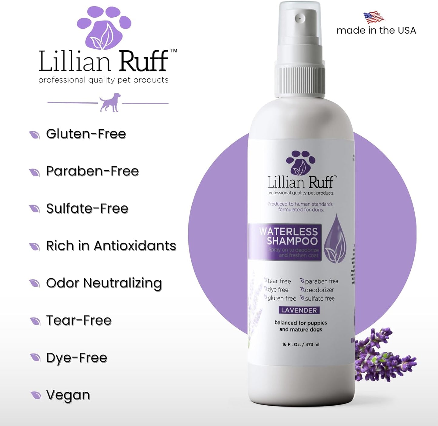 Lillian Ruff Waterless No-Rinse Dog Dry Shampoo Spray with Hydrating Essential Oils - pH-Balanced Dry Shampoo for Dogs - Clean, Condition, Detangle & Deodorize Dry, Sensitive Skin (Lavender)