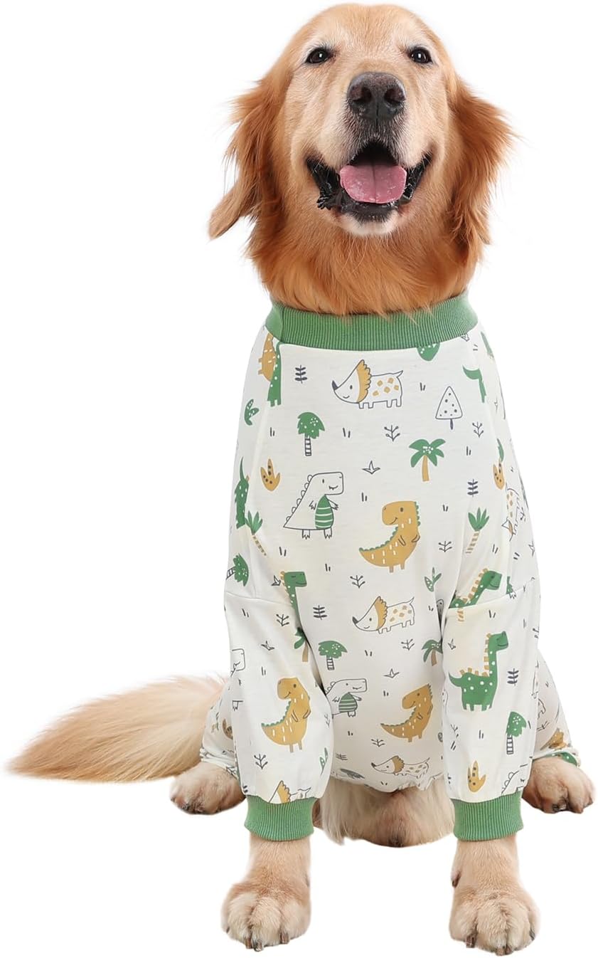 HDE Dog Pajamas One Piece Jammies Jumpsuit Pet Clothes Outfit Stretchy Lightweight Comfy Shirt Pjs for M-3XL Dogs Forest Dinos - XL