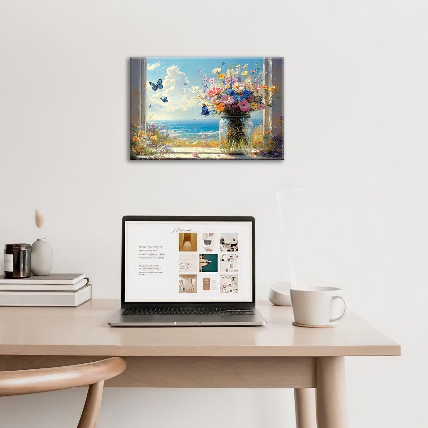 Beach Floral Bathroom Pictures Wall Art, Colorful Flower Bathroom Wall Decor, Coastal Ocean Framed Painting Canvas Artwork for Bedroom Living Room Decorations 24"L x 16"W