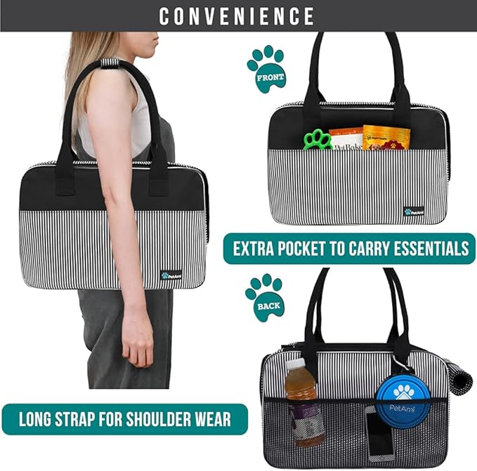 PetAmi Dog Purse Carrier for Small Dogs, Airline Approved Soft Sided Pet Carrier with Pockets, Ventilated Dog Carrying Bag for Puppy Cat, Dog Travel Supplies Bag, Sherpa Bed, Max 12 lbs, Stripe Black