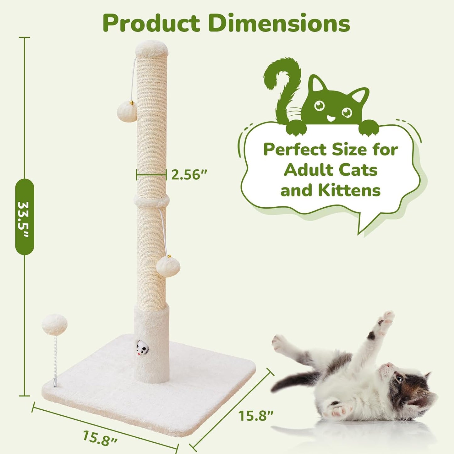 Cat Scratching Posts 33" for Adults Cats, Cat Scratcher with Soft Fabric Covering Base and Durable Sisal Rope, Scratcher with Fun Mouse Hole and Cat Toy for Tall Cats (White)