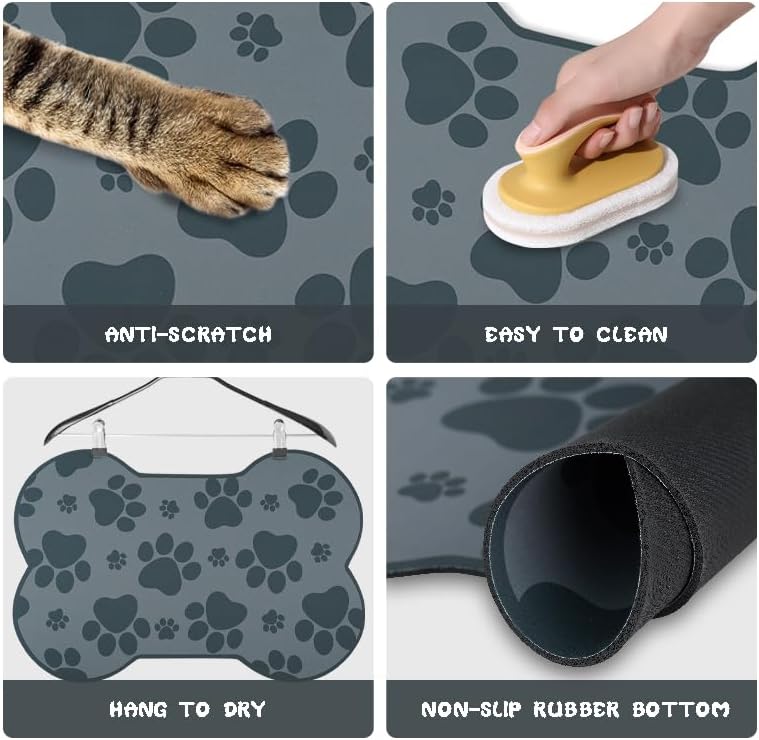 Dog Food Mats for Floors Waterproof, Pet Feeding Absorbent Water Bowl Mat Cat Placemats Gray Bone Shape 23.6 * 15.7 inch
