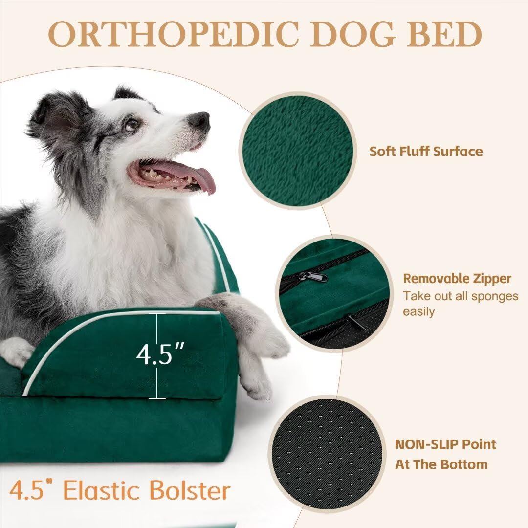 Comfort Expression Orthopedic Large Dog Beds, Waterproof Dog Beds for Large Dogs, Comfy Washable Pet Bed Sofa with Removable Cover & Non-Slip Bottom(Emerald)