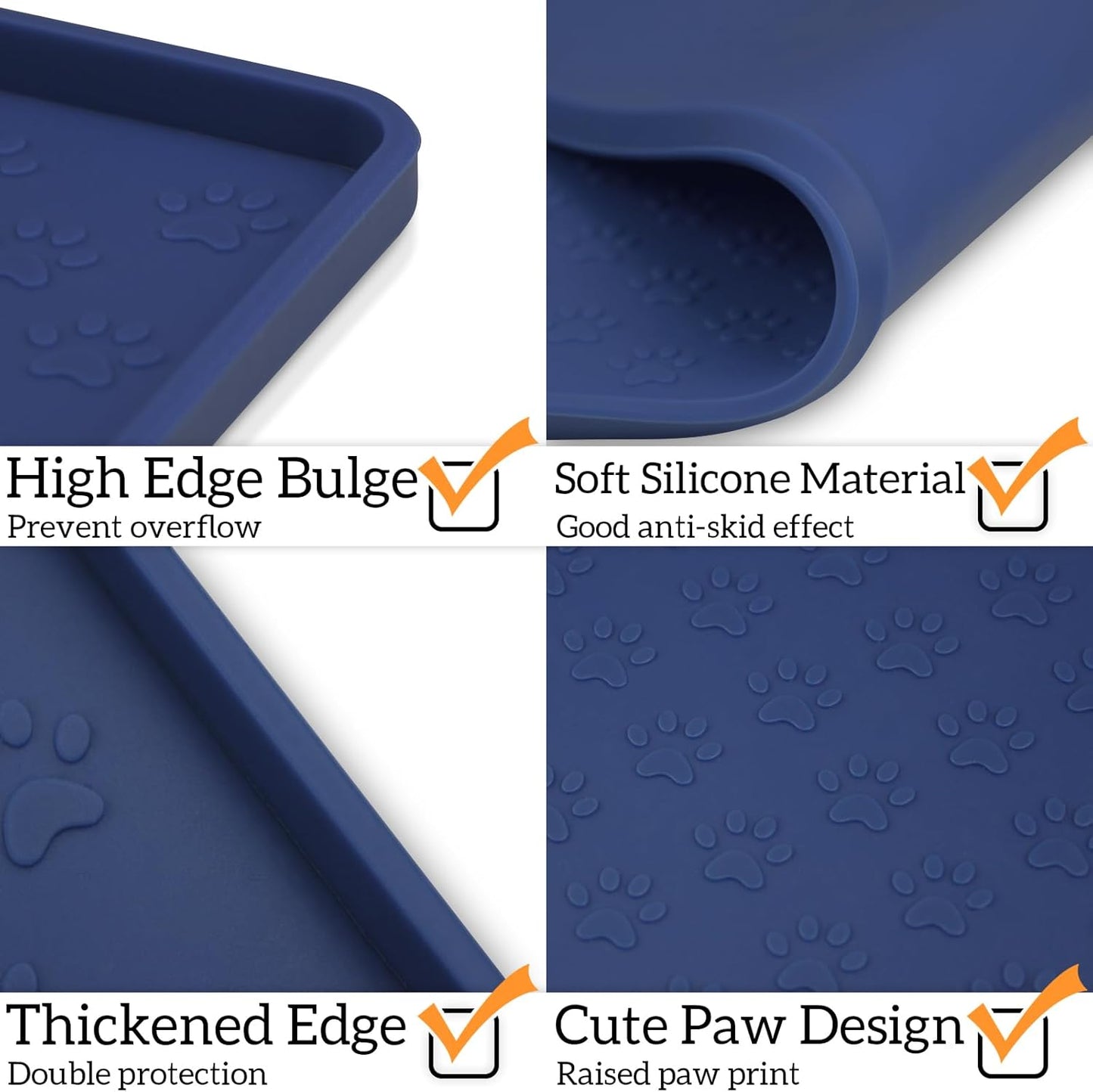Ptlom Silicone Pet Placemat for Dog and Cat, Waterproof Non-Slip Pet Feeding Bowl Mats for Food and Water, Small Medium Large Tray Mat Prevent Residues from Spilling to Floor, Navy Blue, 24.5" 16.5"