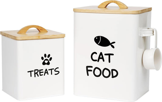 Calindiana Airtight Cat Food Storage Container with Bamboo Lid & Scoop – Farmhouse Cat Food Organizer, Gifts for Cat Lovers (Cream White)
