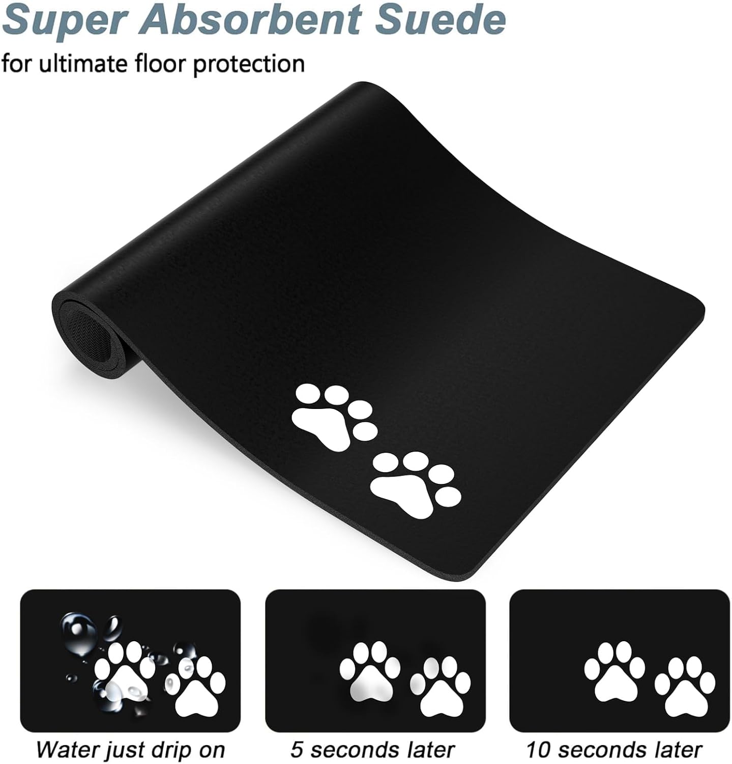 Rnivvi Dog Food Mat, 16" x 24" Footprint Absorbent Dog Cat Bowl Mat for Food and Water, Cute Anti-Slip Rubber Pet Feeding Rug Protect Floors, Puppy Placemat for Feeding & Watering Supplies, Black