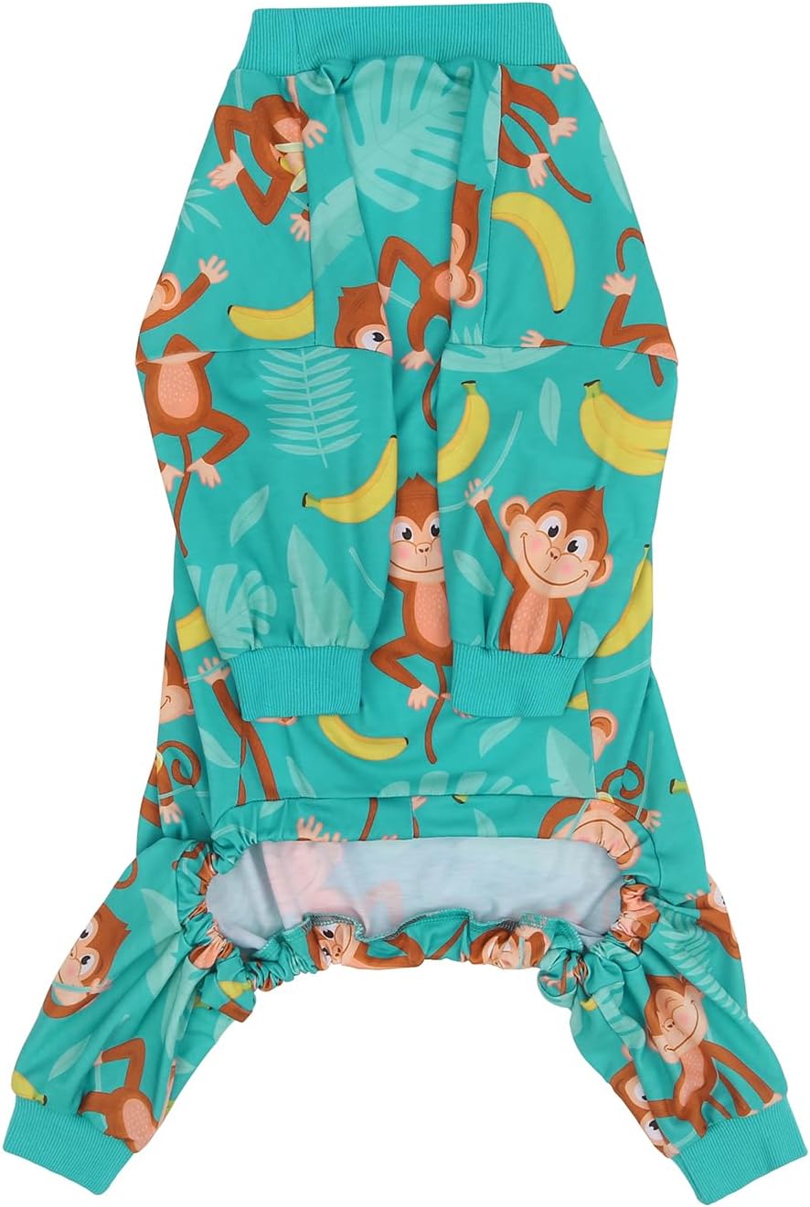 HDE Dog Pajamas One Piece Jammies Jumpsuit Pet Clothes Outfit Stretchy Lightweight Comfy Shirt Pjs for M-3XL Dogs Monkeying Around - L