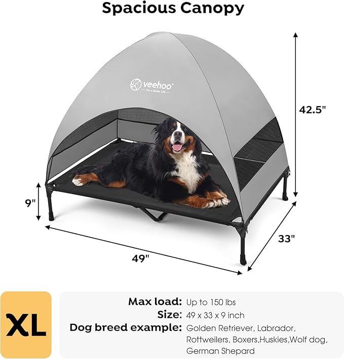 Veehoo Outdoor Dog Bed with Canopy, Cooling Elevated Pet Cot with Removable Shade, Non-Slip Feet, Raised Dog Cot for Large Dogs, Pet Tent Bed for Camping, Beach, XLarge, Black + Grey, CWC2411