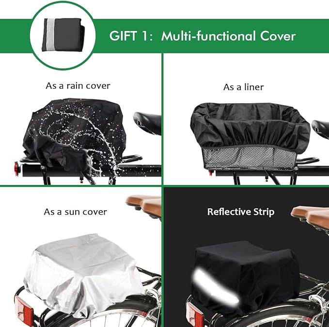 Rear Bike Basket, Tool-Free Install, Dog/Pet Carrier, Ebike Electric Bicycle Back Cargo Basket, Fits Most Rear Racks, with Waterproof Cover, Cargo Net