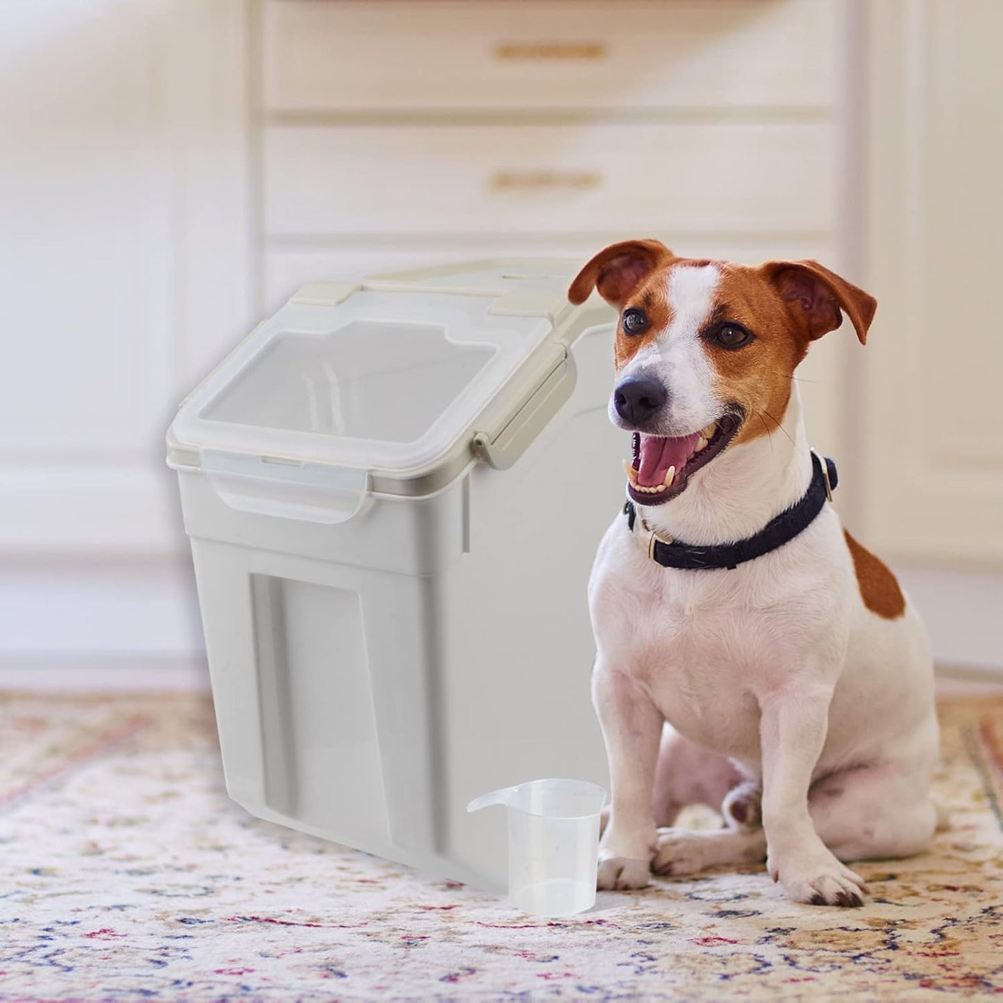 AnRui Dog Food Storage Container with Scoop, Large Airtight Plastic Pet Dog Cat Dry Food Bin, Cereal Grain Organizer Box for Rice, Flour, Snack, Baking Supplies, Kitchen Pantry, 20lb, Grey