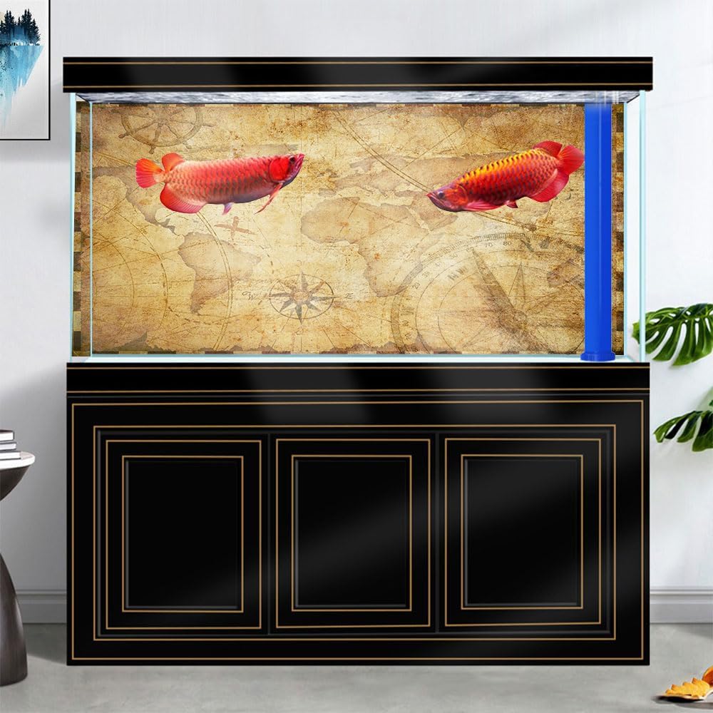 72X18IN Retro Old Travel World Map Terrarium Background, Art Parchment Pirate Treasure Map Reptile Habitat Background with 10EVA Double-Sided Tape