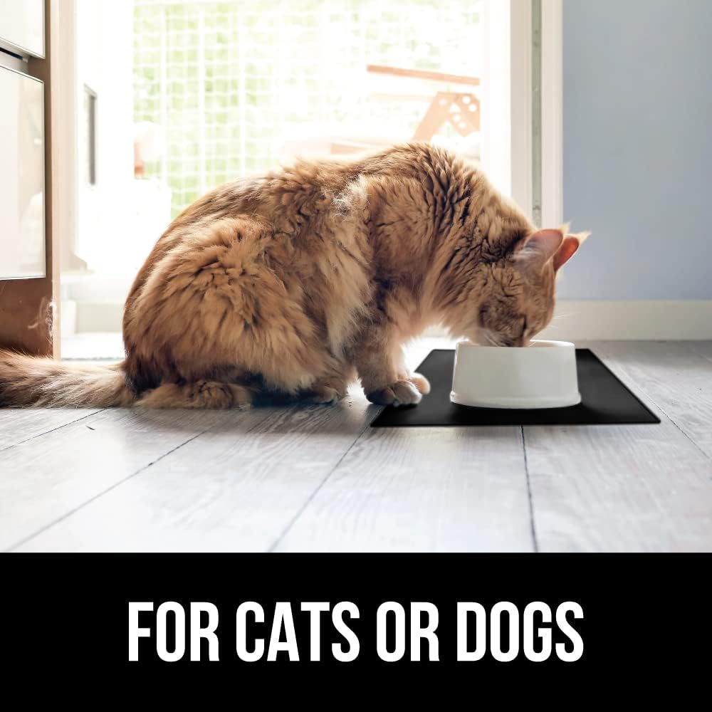 GORILLA GRIP 100% Waterproof Raised Edge BPA Free Silicone Pet Feeding Mat, Dog Cat Food Mats Contain Spills Protects Floors, Placemats for Cats and Dogs Water Bowl, Pets Accessories 18.5x11.5 Black