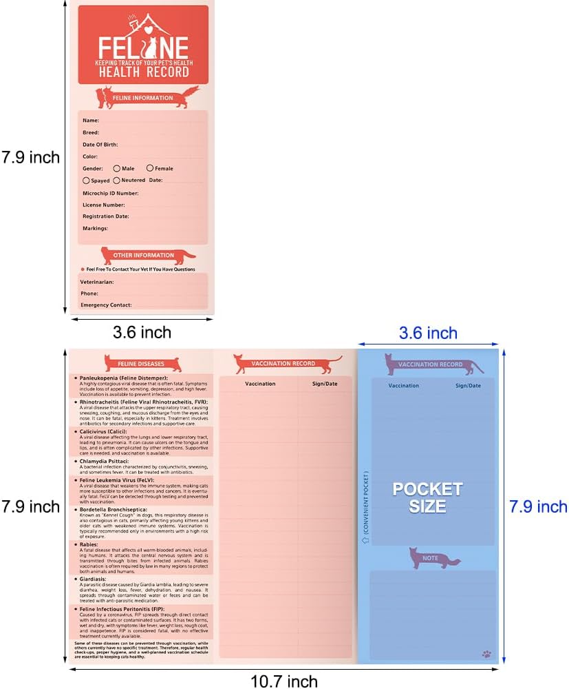 ANZON MORIES 24 Packs Cat Health Record Cards Vaccination Book with Storage Pocket, Large 8 x 10.5 in Feline Vaccine Shot and Kitten Immunization Memo Booklet for Kitty Pet Nursing Supplies