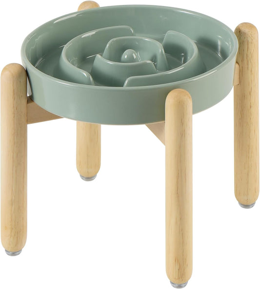 8.2inch Ceramic Raised Slow Feeder Dog Bowl Set, Elevated Wooden Stand for Large and Medium Dog, Puzzle Slow Dish, Anti-Gulping(Light Green, Single Bowl+ Stand)