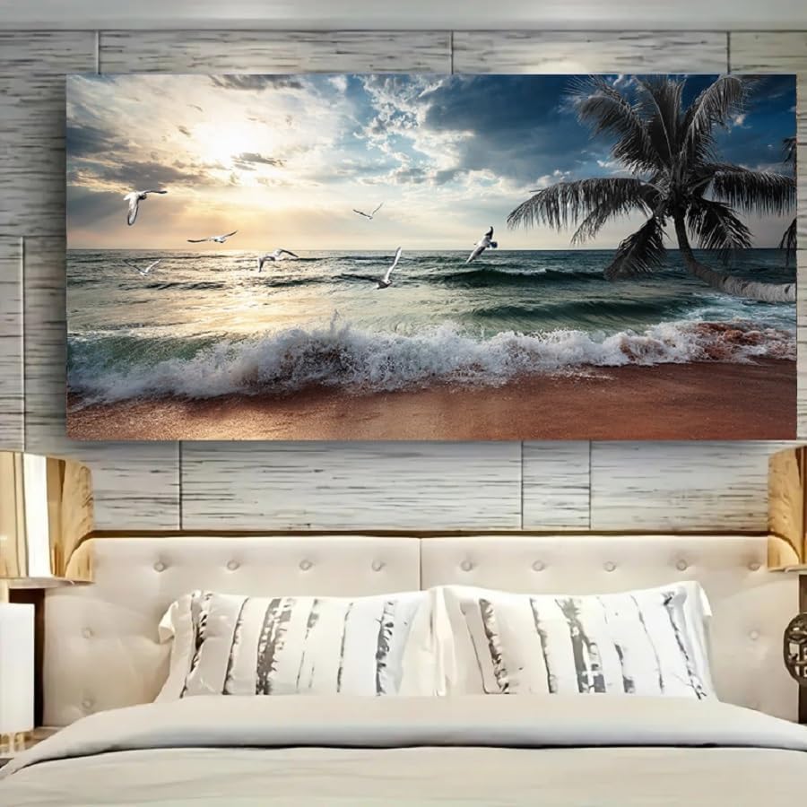 Yxbhhym Large Beach Ocean Canvas Wall Art Coast Sunset Sea Paintings Poster Seascape Picture Palm Artwork for Living Room Bedroom Home Decorations Wall Room Decor Modern Framed 24x48inches