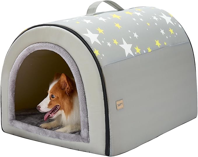 Jiupety 2 in 1 Dog House Indoor, Comfy Cave Bed Covered Dog Bed, Portable House for Medium and Large Dogs, 2XL(35"×27"×26"), Up to 70 Lb, Grey