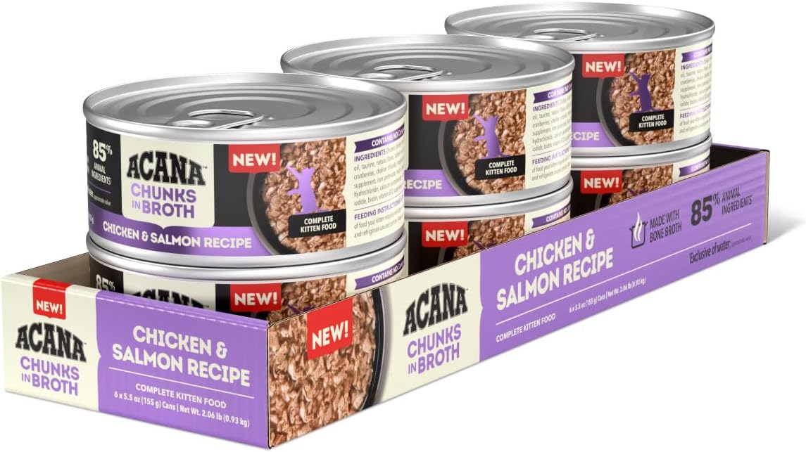 ACANA Chunks in Broth Wet Cat Food Chicken & Salmon Recipe for Kittens 5.5oz Cans (6 Count)