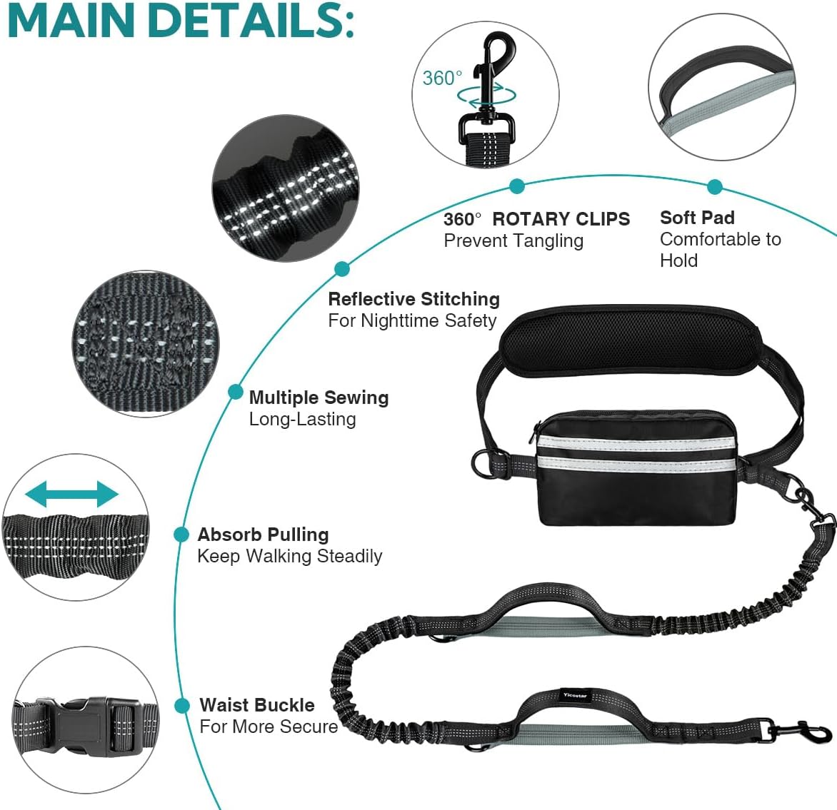 Hands Free Dog Leash with Pouch, Retractable Bungee, Double Padded Handles for Walking, Waist Leash for Medium & Large Dogs, Walking Accessories