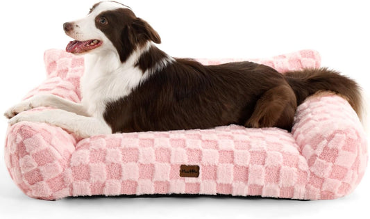 Made4Pets Dog Couch Bed, Soft Faux Fur Checkered Pet Sofa, Comfortable Fluffy Dog Sofa with Supportive Foam, Removable Washable Cover with Non-Slip Base, Pink, Large