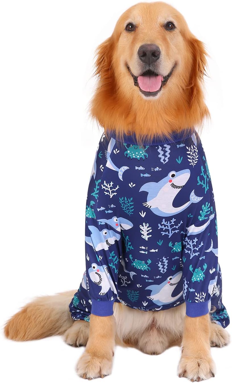 HDE Dog Pajamas One Piece Jammies Jumpsuit Pet Clothes Outfit Stretchy Lightweight Comfy Shirt Pjs for M-3XL Dogs Sharks - XXL