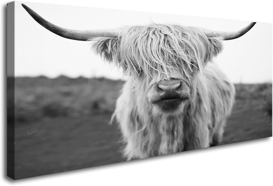XXMWallArt FC3662 Highland Cow Canvas Art - Black and White Animal Wall Decor for Living Room, Bedroom, Office