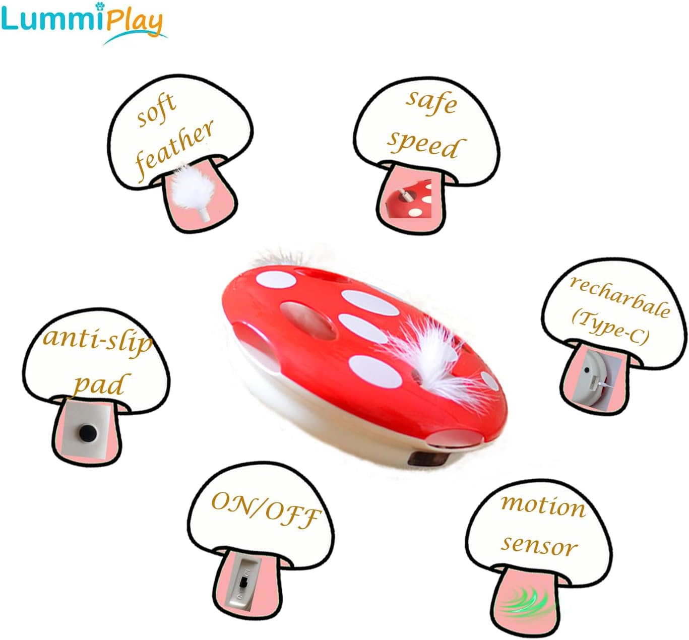 Interactive Cat Toy Automatic Mushroom - Whack-a-Mole Game with Rotating Feathers for Indoor Cats, Hide & Seek Rechargeable Toys Boredom Relief Adult Kittens, Safe Chew Proof Design (Red)