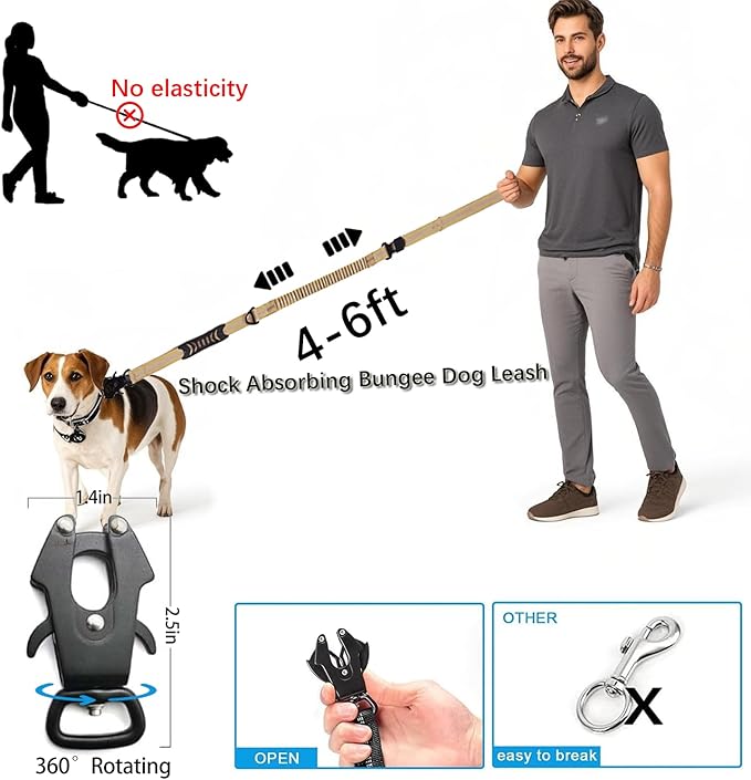 Heavy Duty Tactical Bungee Dog Leash, 4-6FT Shock Absorbing Tactical Leash with 2 Padded Handles, Metal Carabiner Clip,Car Seatbelt, Reflective Dog Leashes for Medium Large Dogs (Brown)