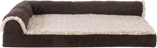 Furhaven Cooling Gel Dog Bed for Medium/Small Dogs w/ Removable Bolsters & Washable Cover, For Dogs Up to 35 lbs - Two-Tone Plush Faux Fur & Suede L Shaped Chaise - Espresso, Medium