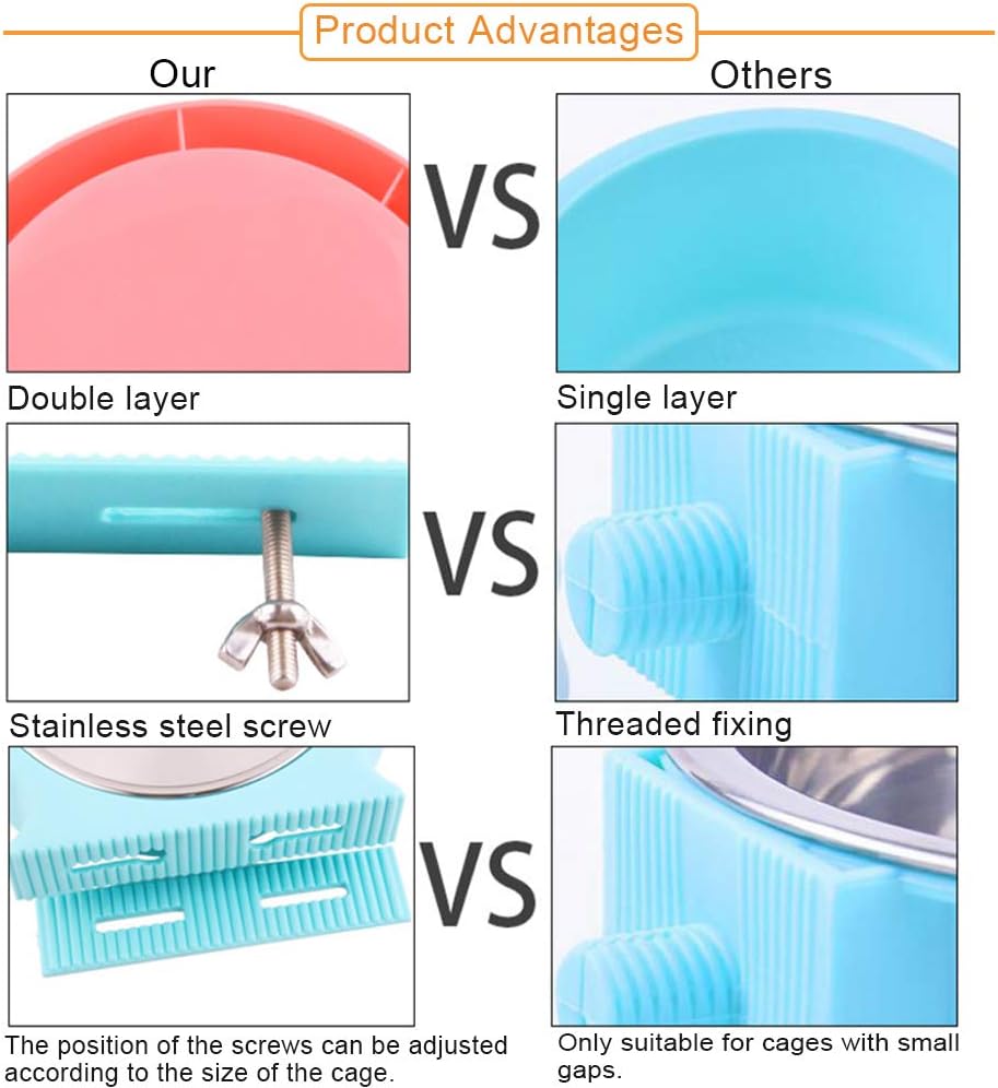 kathson Crate Dog Bowl, Removable Stainless Steel Hanging Pet Cage Bowl Food & Water Feeder Coop Cup for Cat, Puppy, Birds, Rats, Guinea Pigs (2pcs(Pink,Blue))