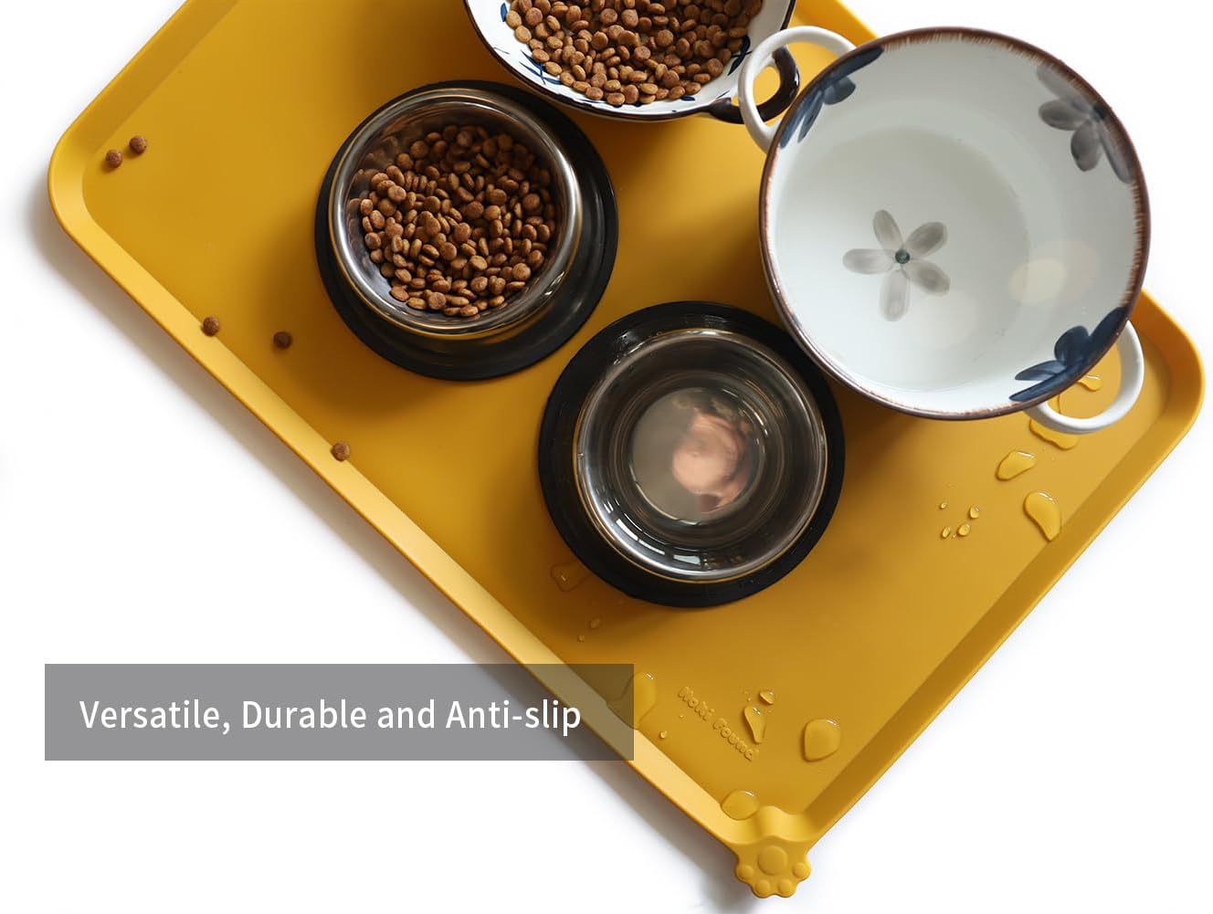 Hoki Found Large Silicone Pet Food Mats Tray - Non Slip Pet Dog Cat Bowl Mats Placemat - Dog Pet Cat Feeding Mat - Waterproof Dog Cat Food Mats -Pet Water Mats for Carpet - Honey