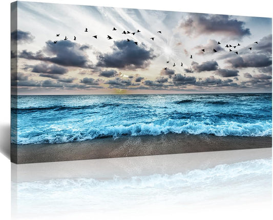 Lapremoly Black And White Beach Wall Painting Canvas Wall Art For Living Room Wall Decor For Bedroom Office Wall Decor Blue Sea Wave Pictures Artwork Modern Hotel Room Home Wall Decoration 20x40 In