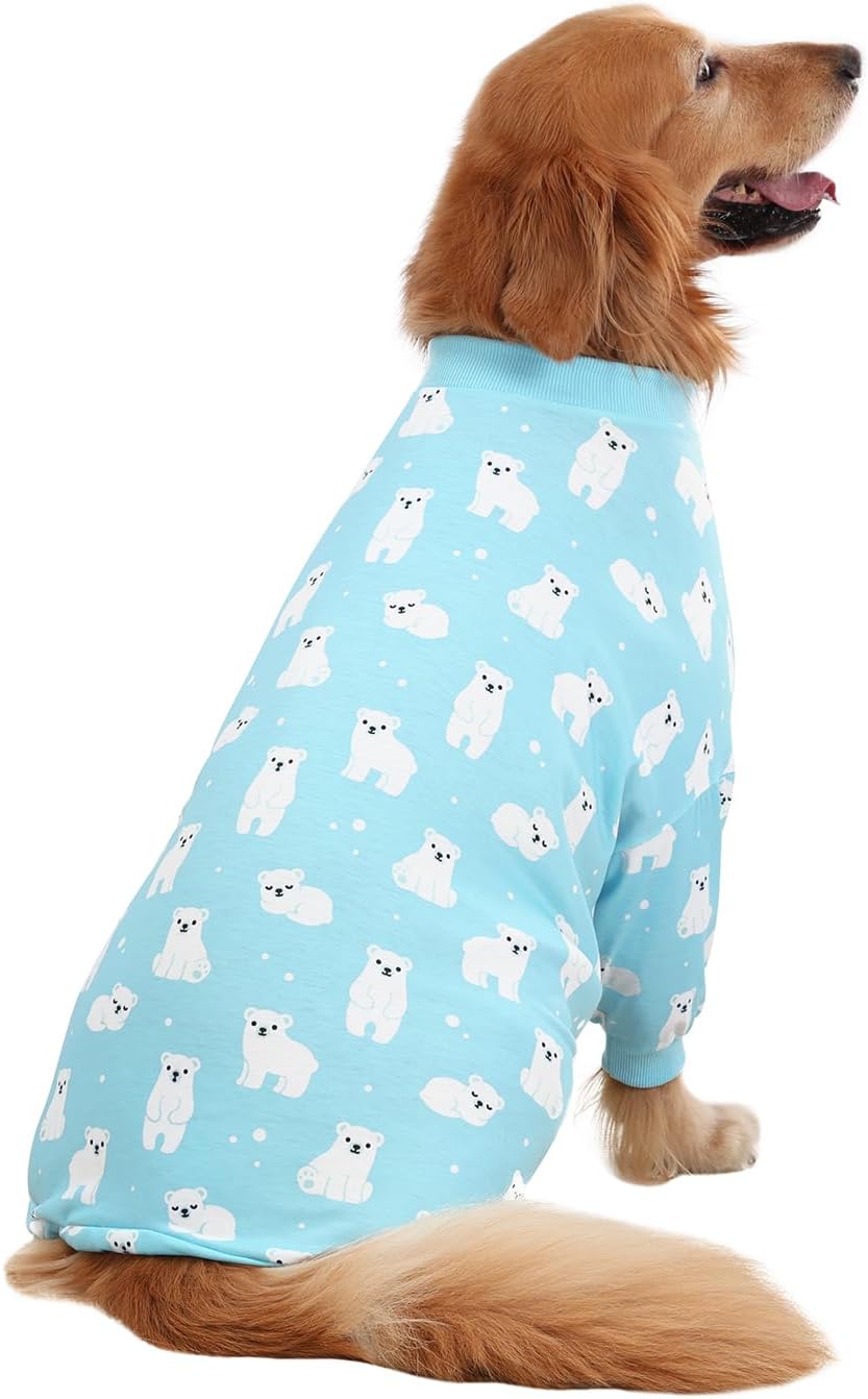 HDE Dog Pajamas One Piece Jammies Jumpsuit Pet Clothes Outfit Stretchy Lightweight Comfy Shirt Pjs for M-3XL Dogs Sleepy Polar Bears - 2XL
