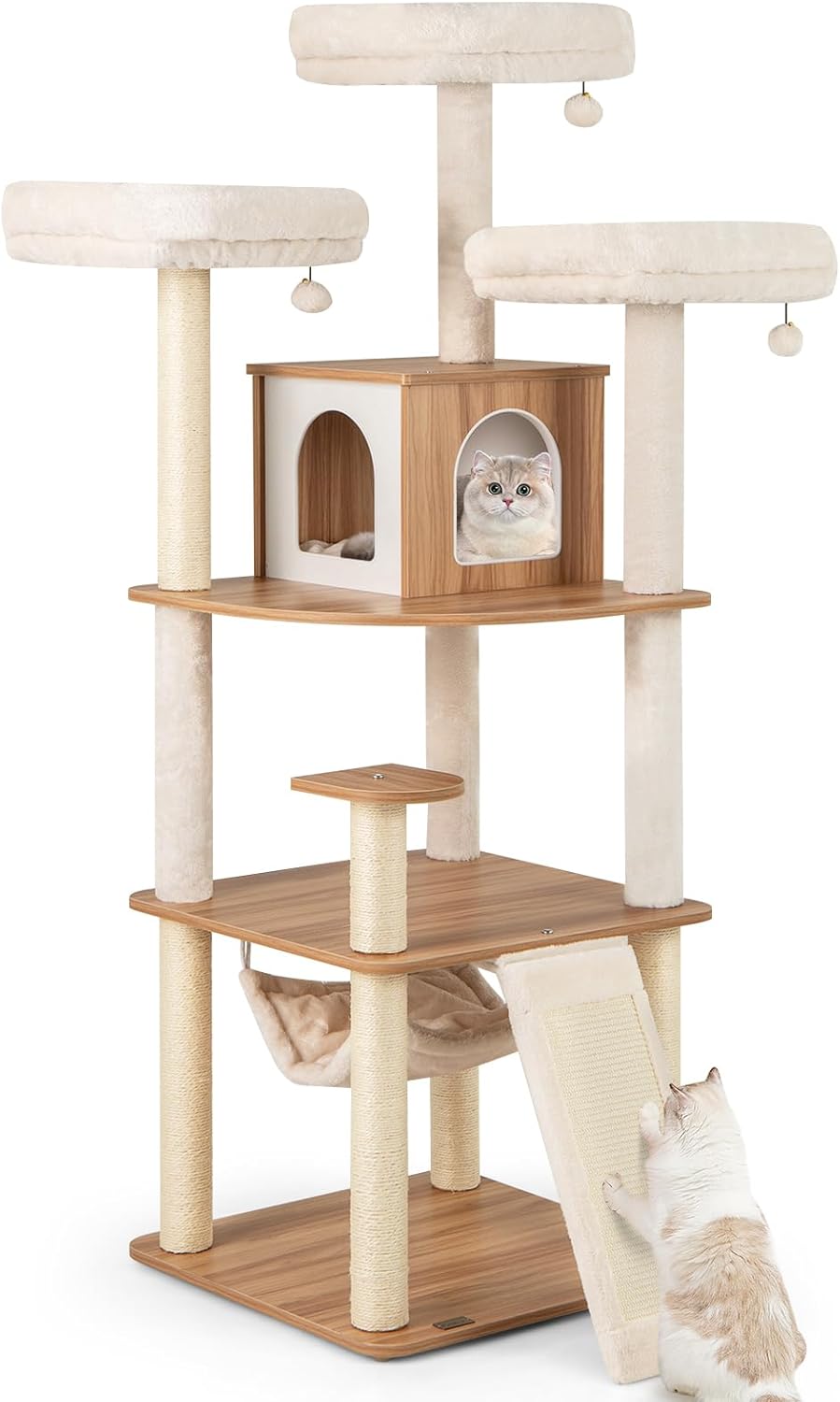 PETSITE 68 Inch Modern Tall Cat Tree for Indoor Cats, Multi-Level Wooden Cat Tree Tower with Sisal Scratching Posts, 3 Top Perches, Cat Condo, Comfy Hammock, Sisal Ramp, and Jingling Balls