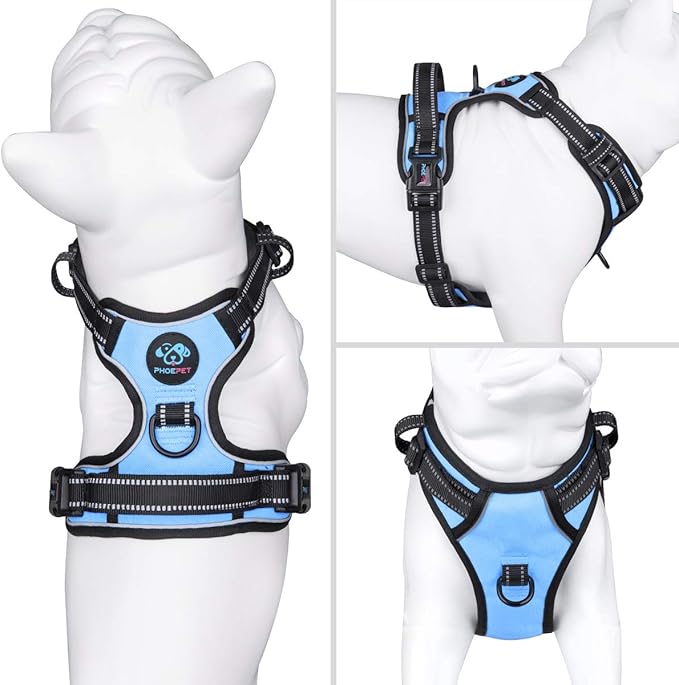 PHOEPET No Pull Dog Harness Reflective Adjustable with 2 Metal Leash Hooks and Soft Training Handle [Over The Head Design](L, Baby Blue)