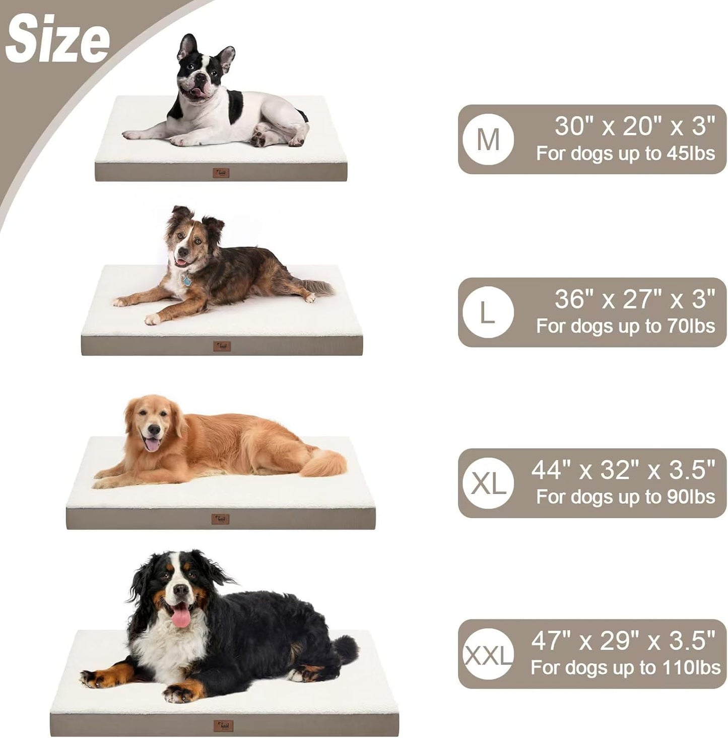 Dog Crate Bed Washable Dog Beds for Large Dogs, Big Waterproof Orthopedic Pet Bed with Egg Crate Foam Pet Mat, Removable Oxford Cooling Cover, Khaki White