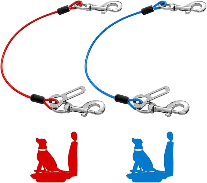 Dog Seat Belt Harness for Car,2pcs Dog Seatbelt of Coated Wire Leash Safety Restraint,No Chew Tether Cable Vehicle Dog Accessories,Double Clips & Latch (2 Pack Red+Blue, 16 inch/40 CM)