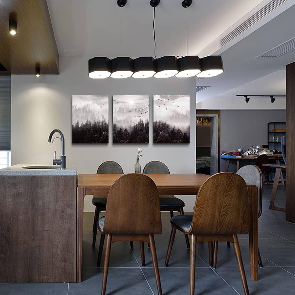 Framed Canvas Art - Boho Wall Decor Set of 3: Foggy Forest Trees Scenery for Living Room, Bedroom, Office, Farmhouse, Home Decoration