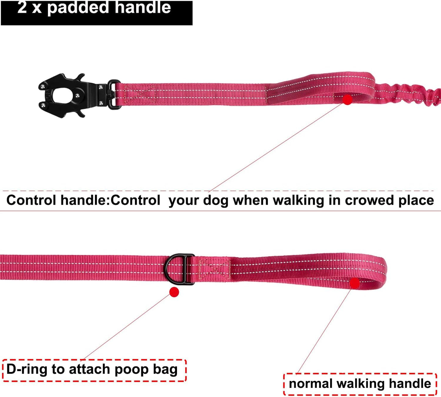 ICEFANG Tactical Dog Leash,K9 Training Walking Bungee Lead with 2 Control Handle,Heavy Duty Quick Release Metal Clasp,for Medium Large Breed (Reflective Pink, 6 FT)