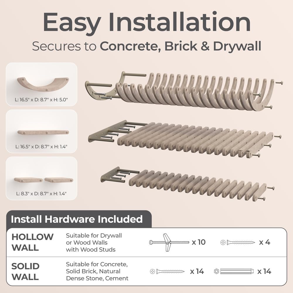 Wall Mounted Cat Shelves (Set of 4) by Pryde Pets - 100% Sustainable PET Felt Feline Enrichment Climber Furniture for Small & Large Indoor Cats, Modern Climbing Gym Jungle Design (Oatmeal)