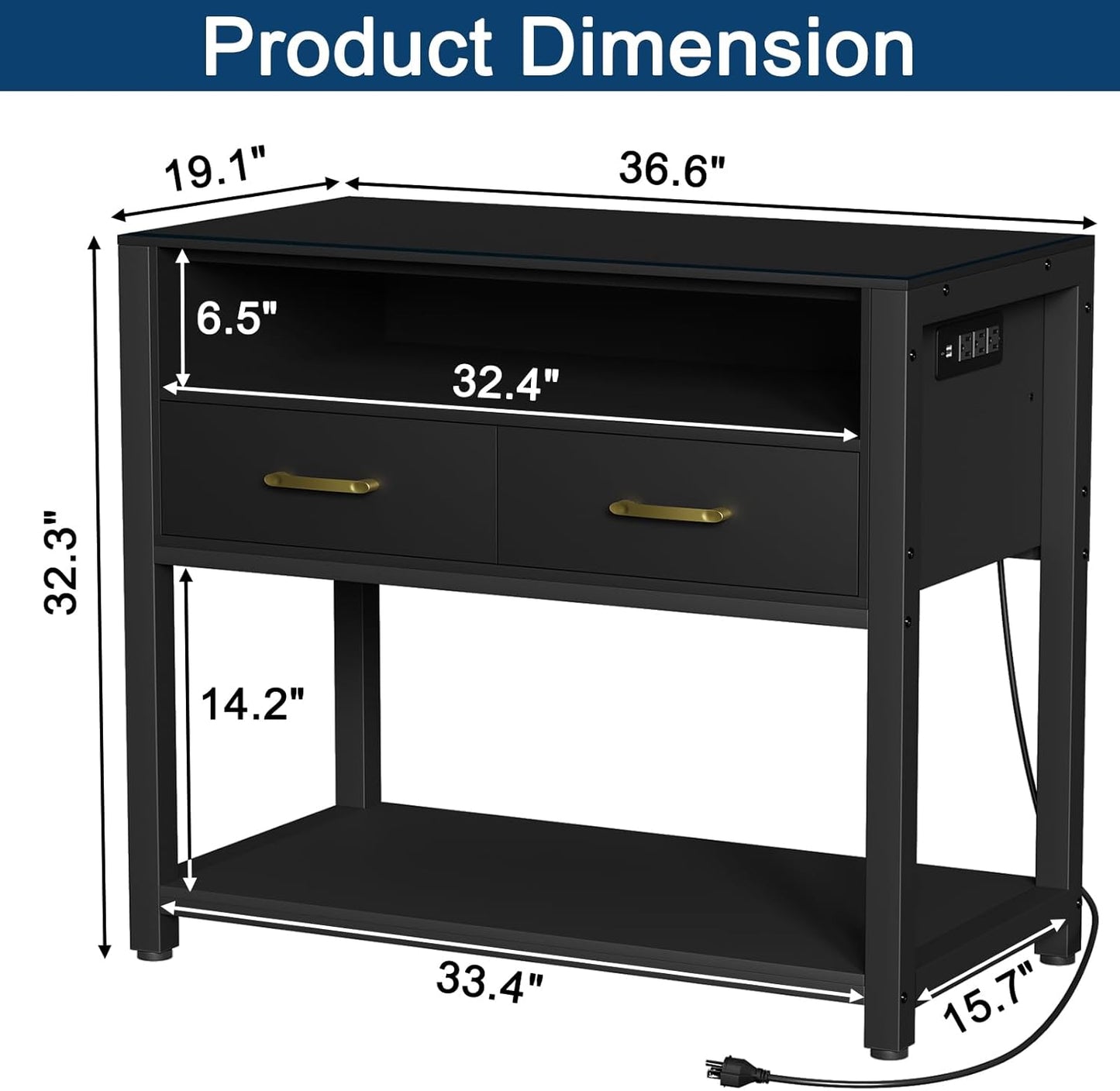 40-50 Gallon Fish Tank Stand with Power Outlet & 2 Storage Drawers, Heavy Duty Metal Frame Aquarium Stand with Waterproof Mat, 36.6" L*19.1" W Tabletop, 800LBS Capacity, Black