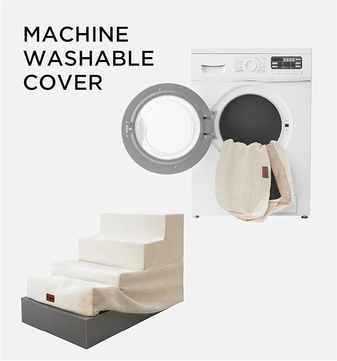 Made4Pets Dog Stairs for Small Dogs, Extra Wide Dog Steps for Bed Couch Sofa and Chair, 35D Foam Pet Steps for Small Dogs and Cats, Non-Slip Bottom Pet Stairs, Beige, 3 Steps