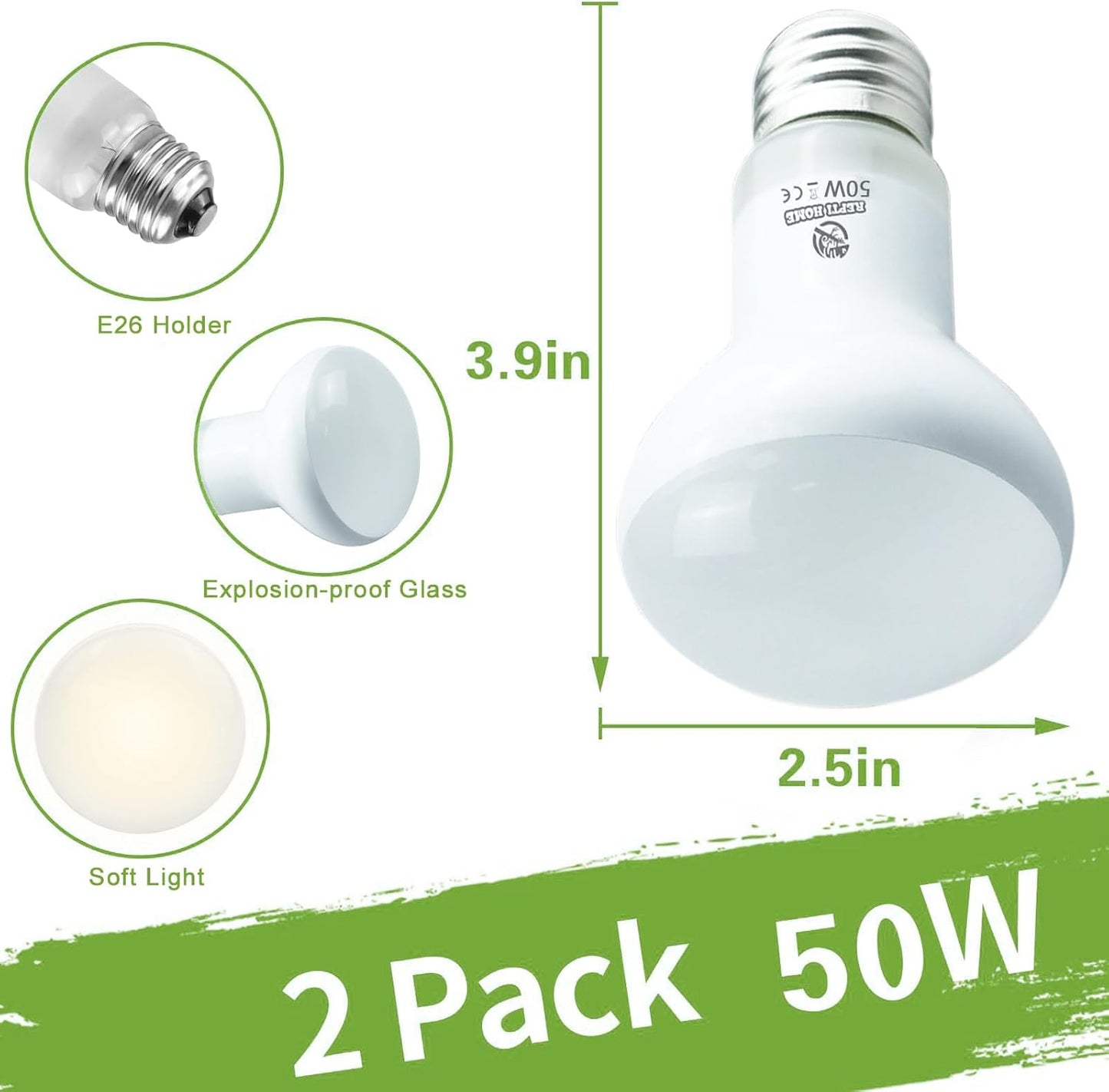 Reptile Heat Lamp Bulbs, 2 Pack 50W Simulate Natural Sunlight Heat Light Bulb, Amphibian Terrarium Basking Spot Lamp for Reptile, Bearded Dragon, Lizard, Turtle, Snake