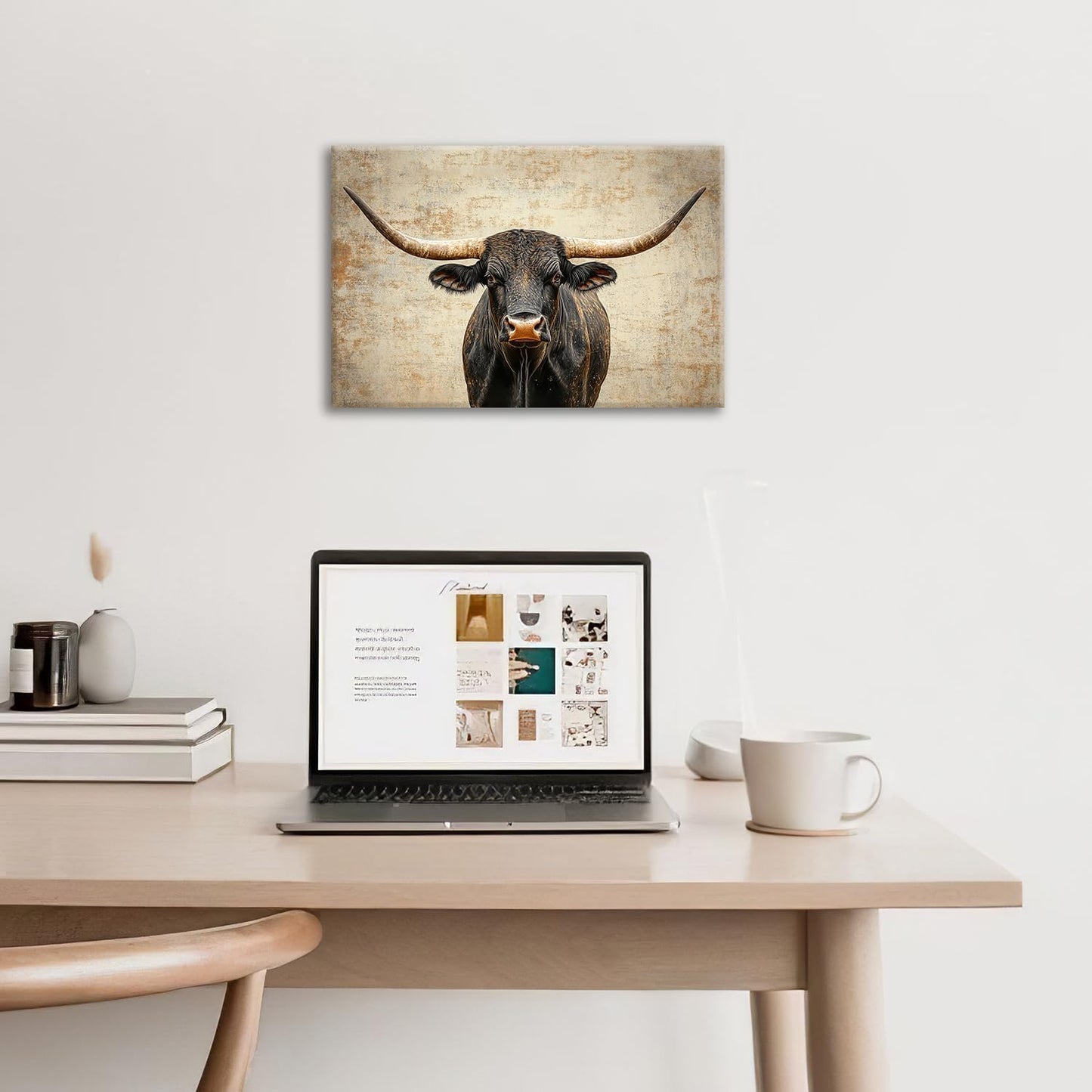Rustic Highland Cow Pictures Wall Art, Farmhouse Longhorn Bull Bathroom Wall Decor Black Cow Framed Painting Canvas Artwork for Bathroom Bedroom Living Room Decorations 24"L x 16"W