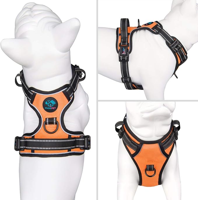 PHOEPET No Pull Dog Harness Medium Reflective Front Clip Puppy Vest with Handle,Adjustable 2 Metal Leash Attachment Hooks(M, Orange)