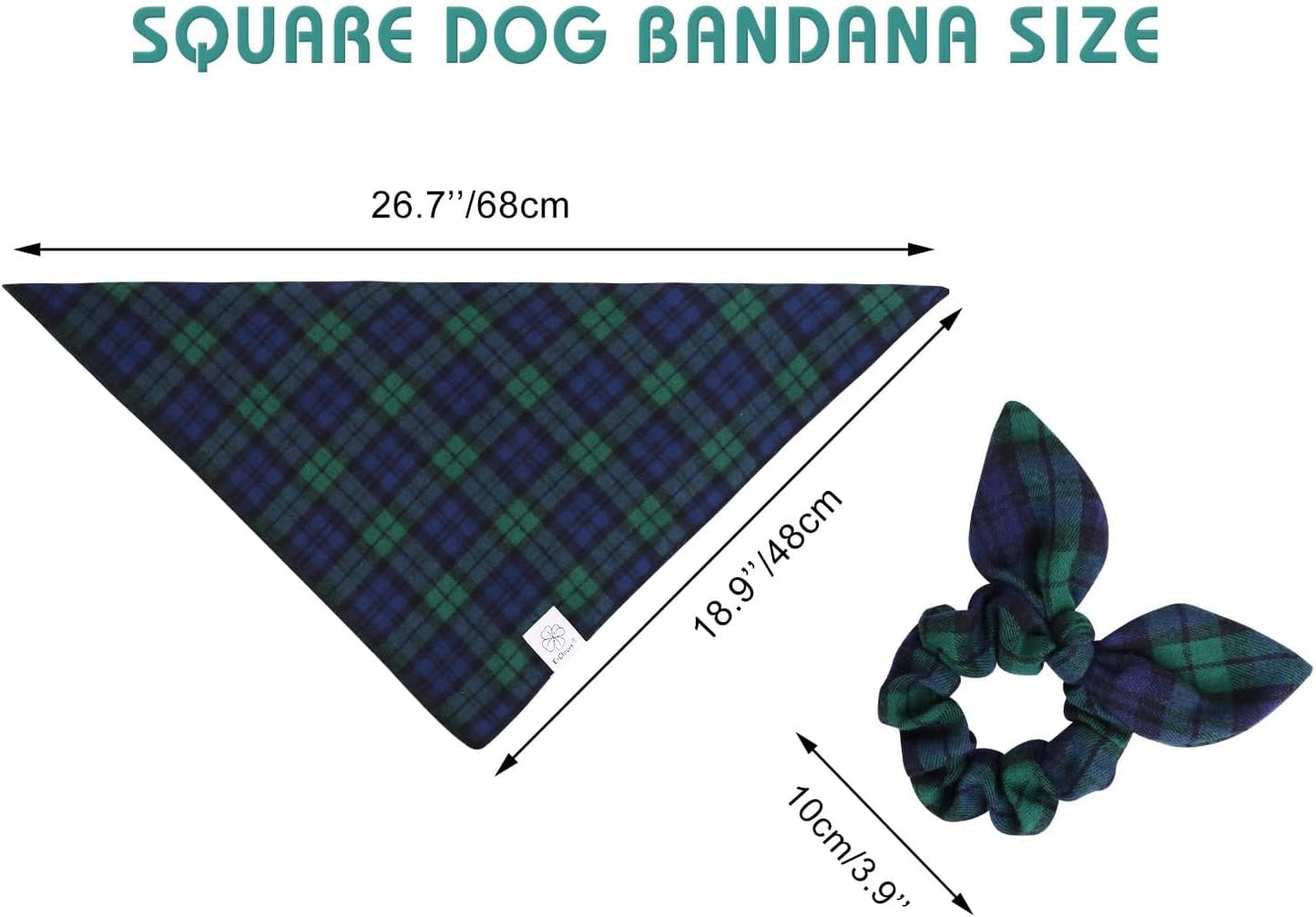 E-Clover Dog Bandanas Boy & Matching Scrunchie Set Plaid Dog Scarf Kerchief for Medium Large Dog Pet Bandana Owner Gifts Blue Green Fall