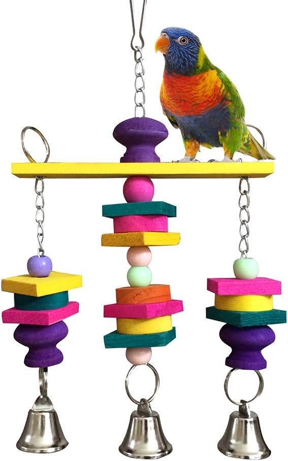 Hypeety Parrot Hanging Swing Bells Chew Toy Colorful Hanging Wood Block Natural Birds Toy for Parrot Macaw African Greys Cockatiels Budgies Conure Cage