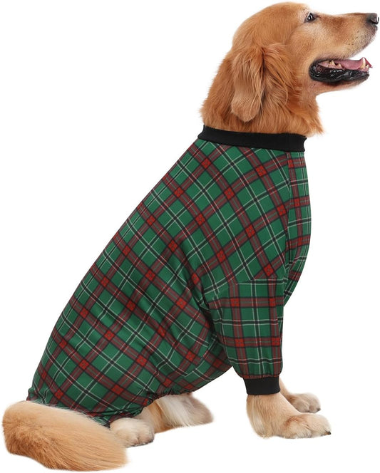 HDE Dog Pajamas One Piece Jammies Jumpsuit Pet Clothes Outfit Stretchy Lightweight Comfy Shirt Pjs for M-3XL Dogs Holiday Plaid - 2XL