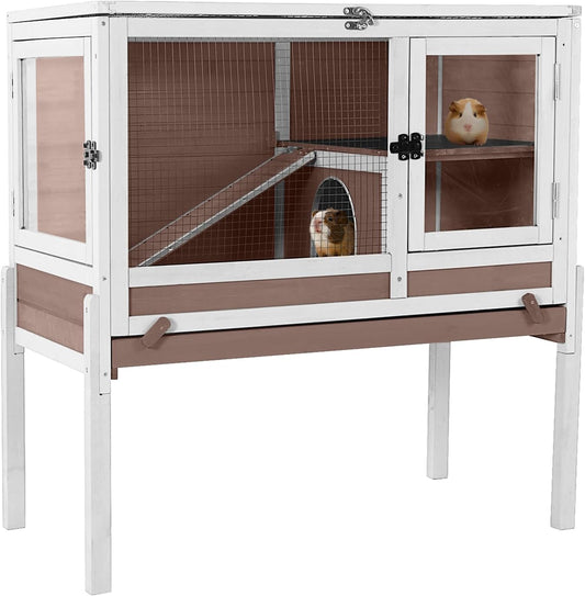 GUTINNEEN Rabbit Hutch Bunny House, 36.6" L Rabbit Cage with Anti Chewing Ramp, Guinea Pig Cage with Cooling Galvanized Sheet, Detachable Legs(Brown)