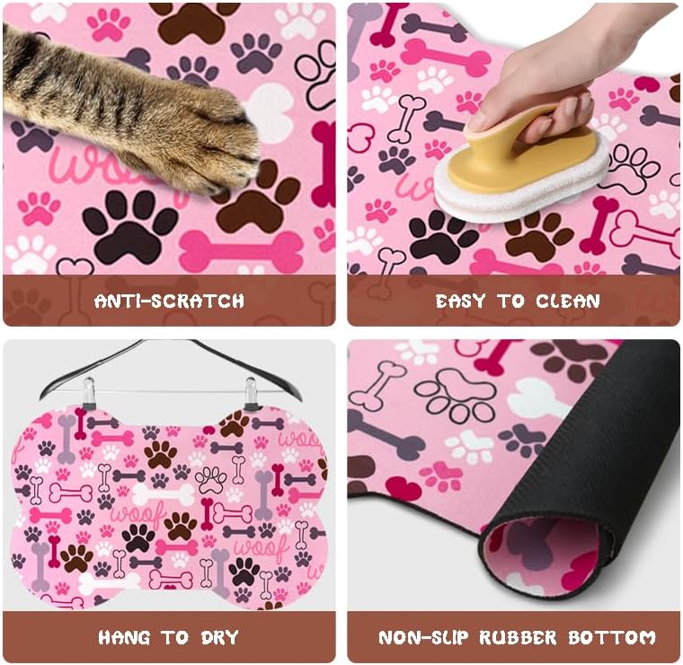 Dog Food Mats for Floors Waterproof, Pet Feeding Absorbent Water Bowl Mat Cat Placemats Pink Bone Shape 19 * 12 inch