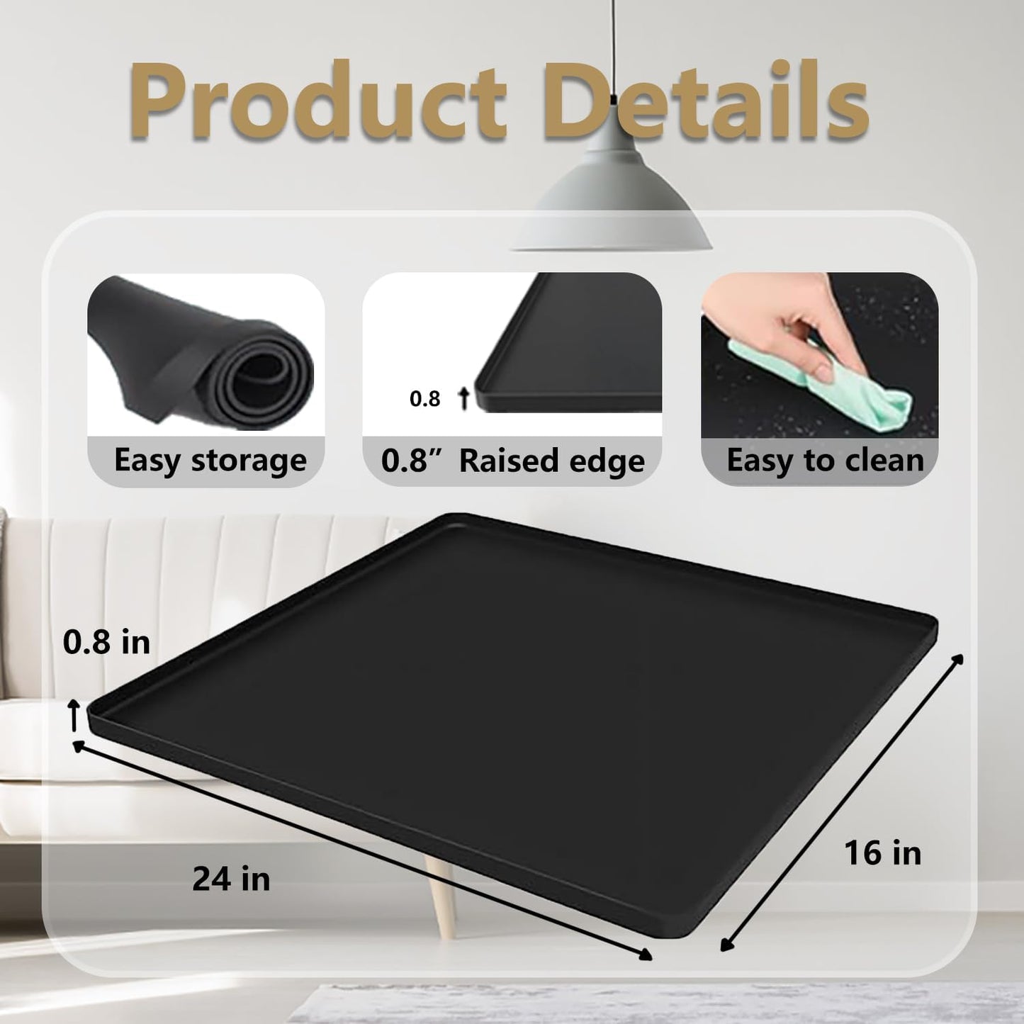 Waterproof Silicone Mat with Raised Edges 24x16 Inch, Water Cooler Mat & Countertop Protector for Hardwood Floors, Non-Slip Kitchen Appliance Pad for Pets Cats Dogs Feeding Bowls, Easy to Clean（Black）